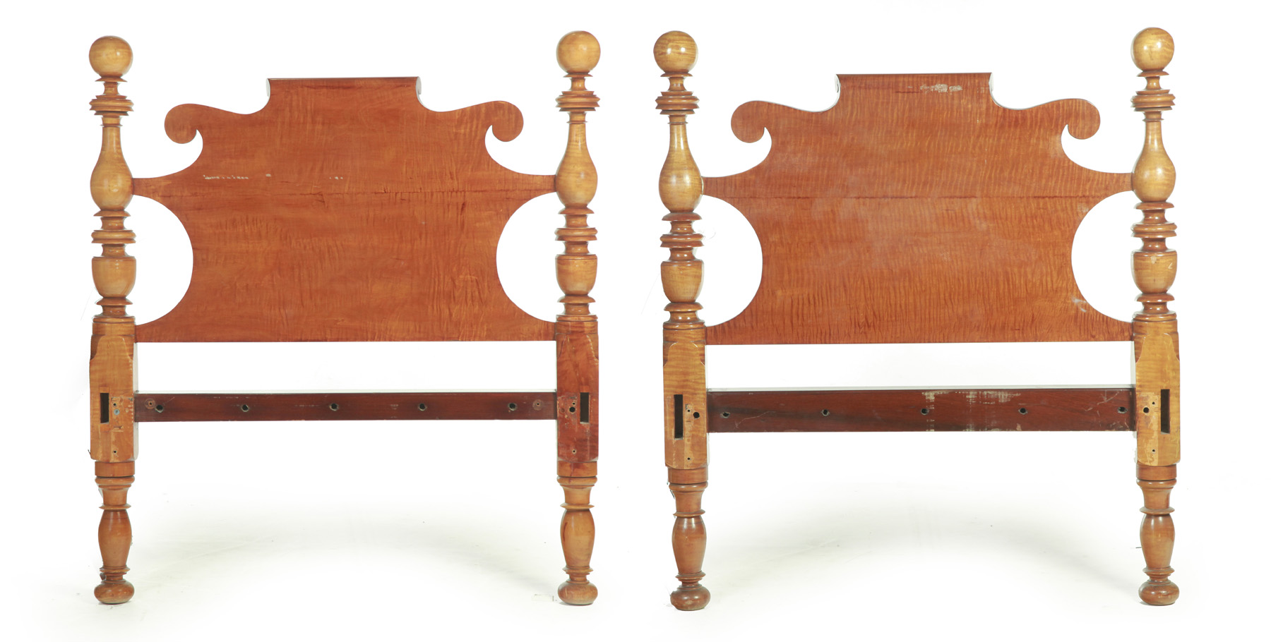 Appraisal: PAIR OF TIGER MAPLE TWIN-SIZE CANNON BALL BEDS American nd