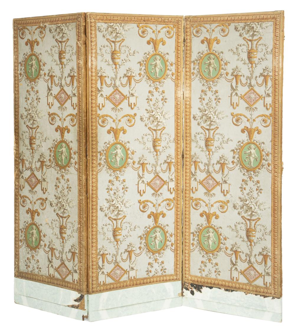 Appraisal: Antique French Six Panel Screen th th c arabesque wallpaper