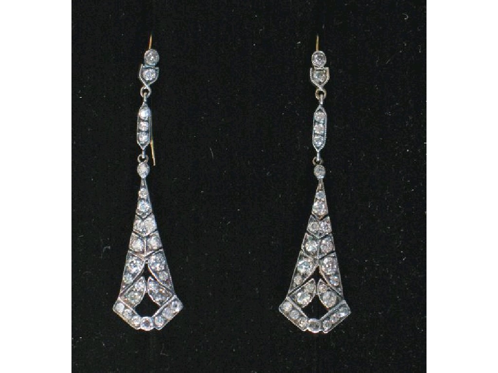 Appraisal: A PAIR OF DIAMOND-SET CHANDELIER EARRINGS millegrain-set overall with graduated