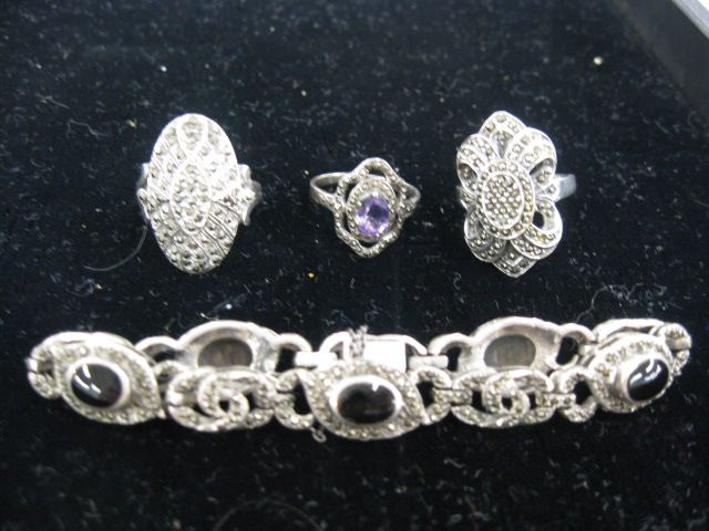 Appraisal: pcs Marcasite Sterling Jewelry bracelet and rings including amethyst