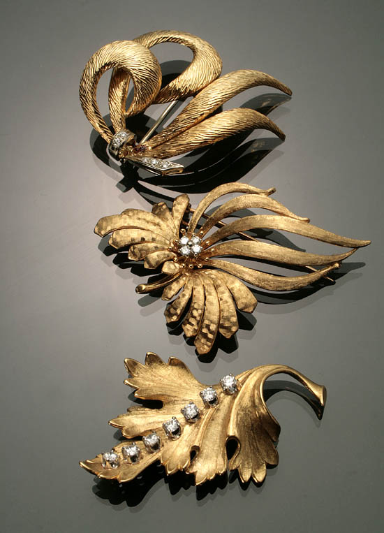 Appraisal: Three Italian Textured -Karat Yellow-Gold and Diamond Floral Brooches The