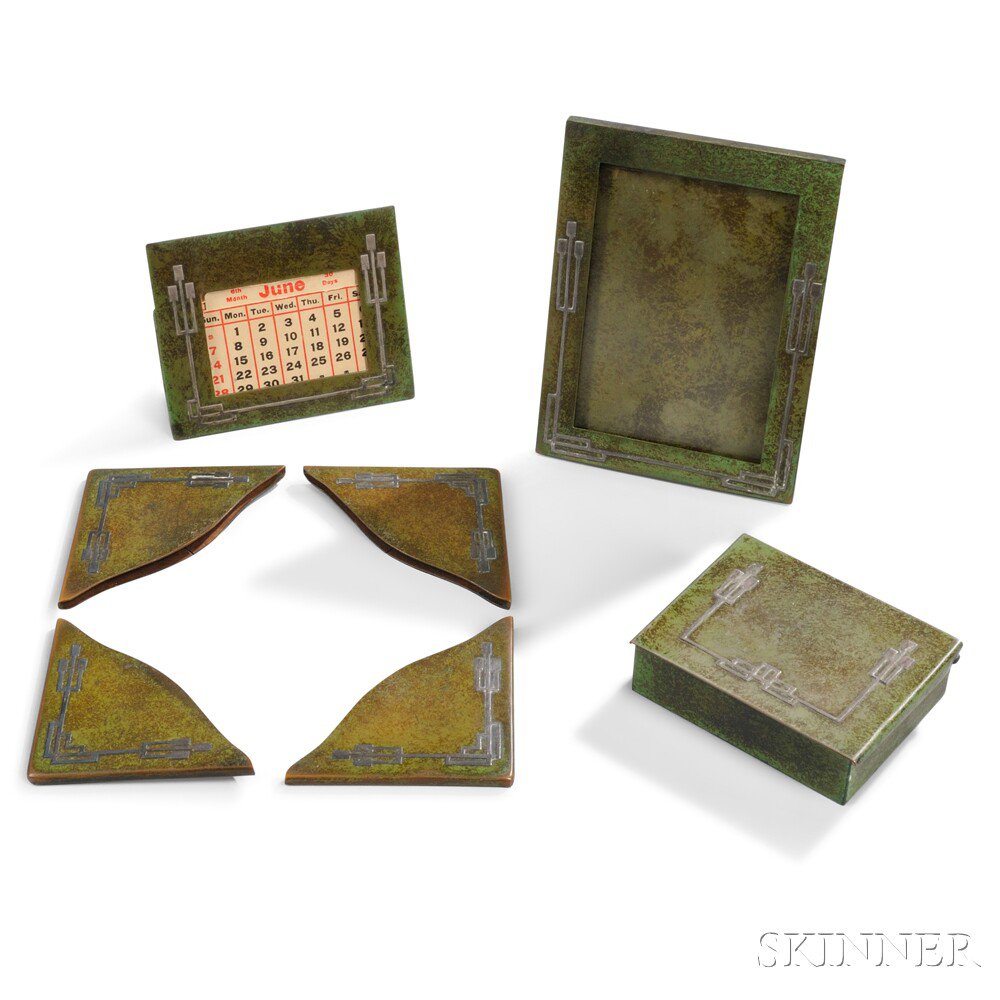 Appraisal: Four-piece Heintz Art Metal Shop Desk Set Verde patina bronze