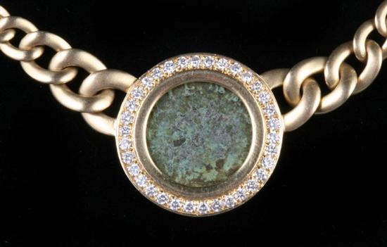 Appraisal: K YELLOW GOLD DIAMOND AND ANCIENT BRONZE COIN CHOKER Graduated