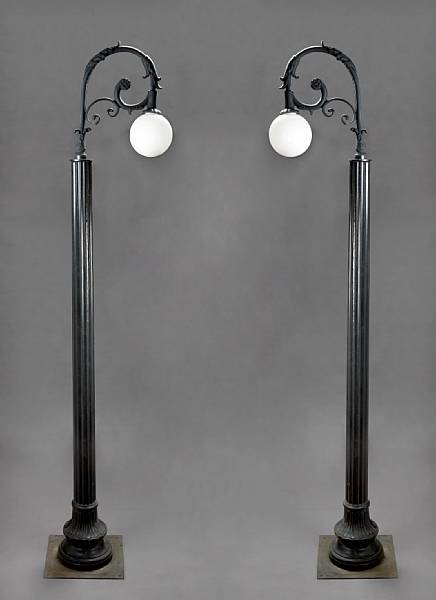 Appraisal: A pair of painted cast iron garden torch re lamp