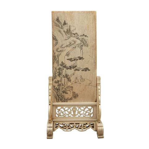 Appraisal: Ivory Screen and Stand th Century The panel incised with