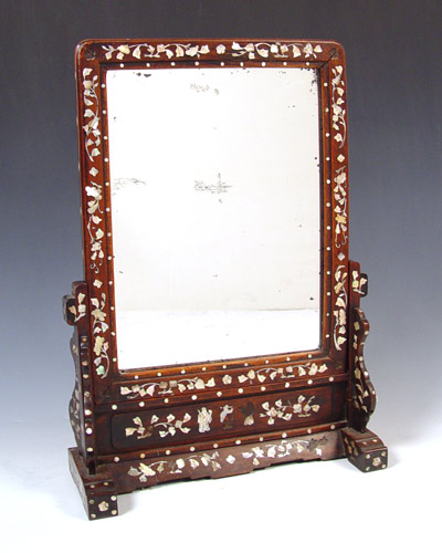 Appraisal: CHINESE MOP INLAY MIRROR ON STAND Rectangle form the mirror