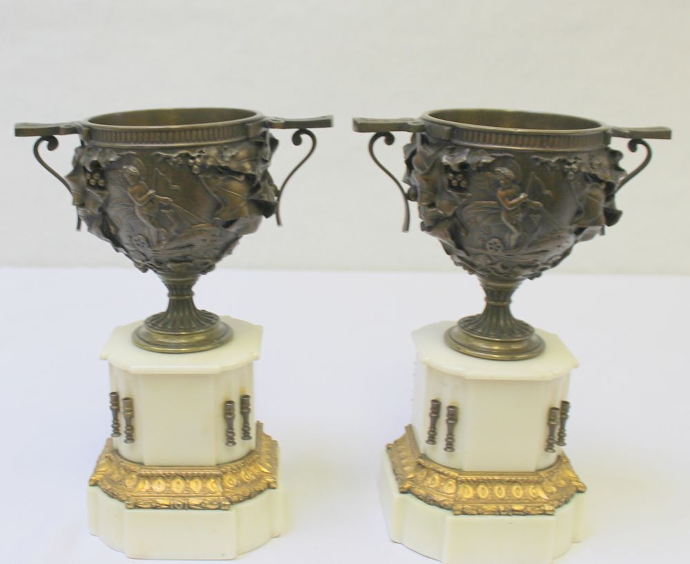 Appraisal: Pair of Antique French Patinated Bronze and Marble Classical Style