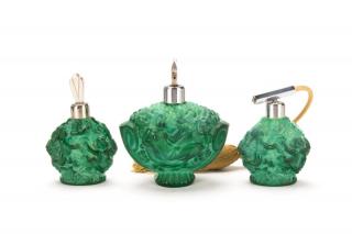 Appraisal: Set of Malachite Glass Figural Perfume Bottles Heinrich Hoffmann Czechoslovakian