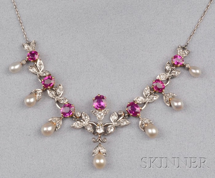 Appraisal: Ruby Diamond and Cultured Pearl Necklace the leafy diamond links