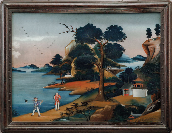 Appraisal: CHINA TRADE REVERSE PAINTING ON GLASS OF A RIVERSCAPE WITH