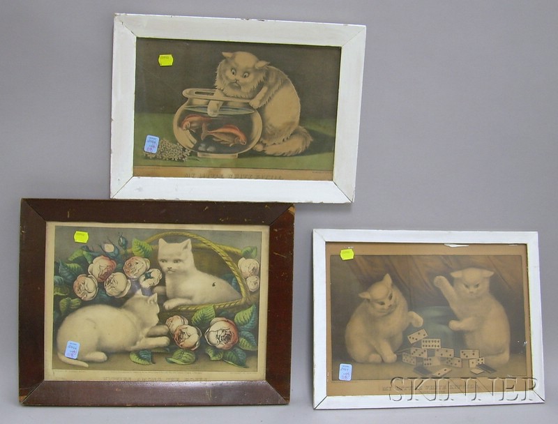 Appraisal: Five Framed Currier Ives Small Folio Hand-colored Lithograph Cat Prints