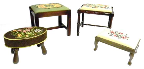 Appraisal: Four stools with needlepoint tops mid-century largest with bamboo carved