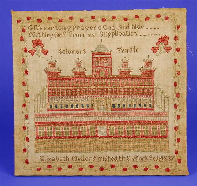 Appraisal: AMERICAN NEEDLEWORK SAMPLER bearing inscription SOLOMON'S TEMPLE GIVE EAR TO