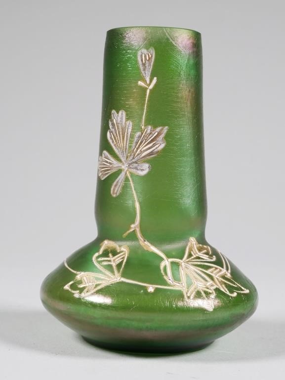 Appraisal: French enamel glass vase Iridescent green with gilt enamel overlay