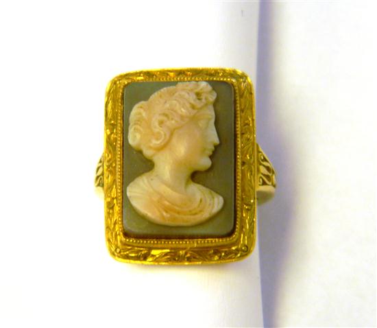 Appraisal: JEWELRY Carved stone Cameo ring K yellow gold contains a