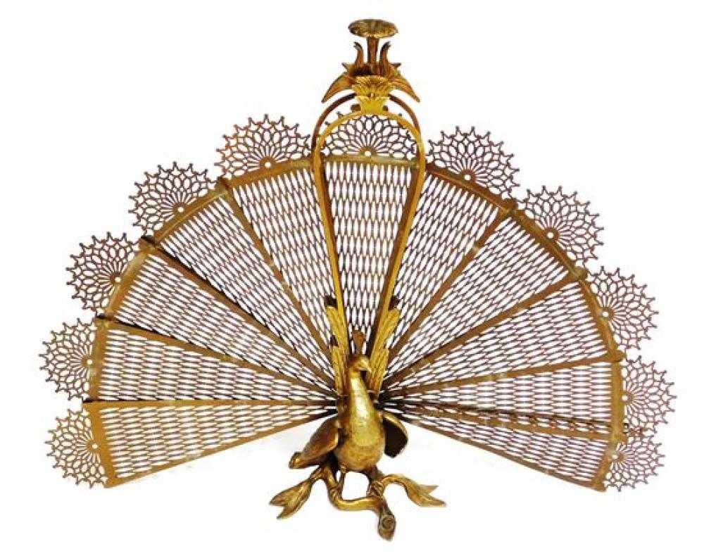 Appraisal: Unusual brass peacock-form fire fan screen reticulated plume panels fold