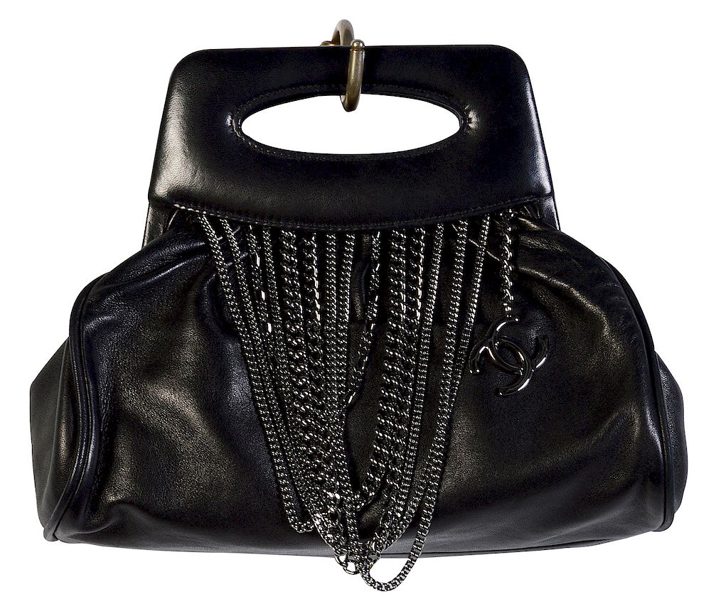 Appraisal: Black Leather CHANEL Chain Handbag Chanel handbag is soft black