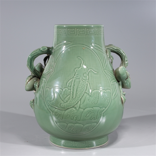 Appraisal: Chinese celadon glazed porcelain vase with incised fish to body