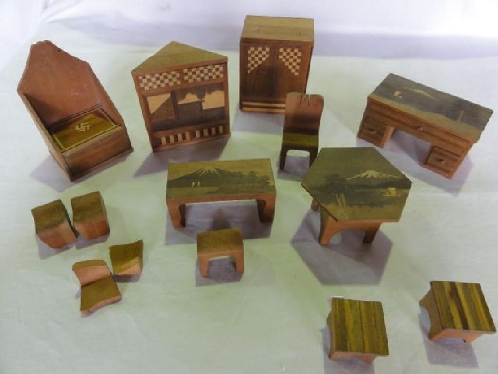 Appraisal: A collection of miniature Japanese inlay furniture tables chairs corner