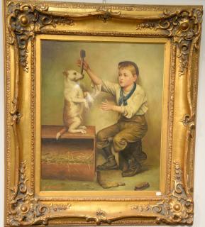 Appraisal: N Henry Bingham b oil on canvas Boy Teach Dog