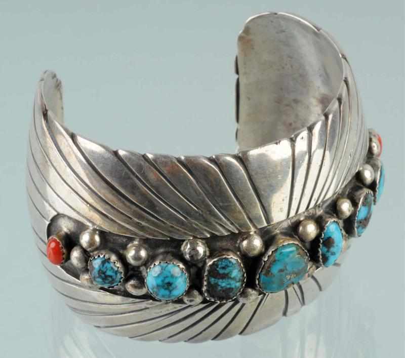 Appraisal: Native American Indian Wide Silver Bracelet Description With seven turquoise