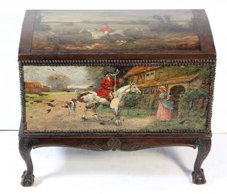 Appraisal: Diminutive th century polychrome painted riding chest on stand executed