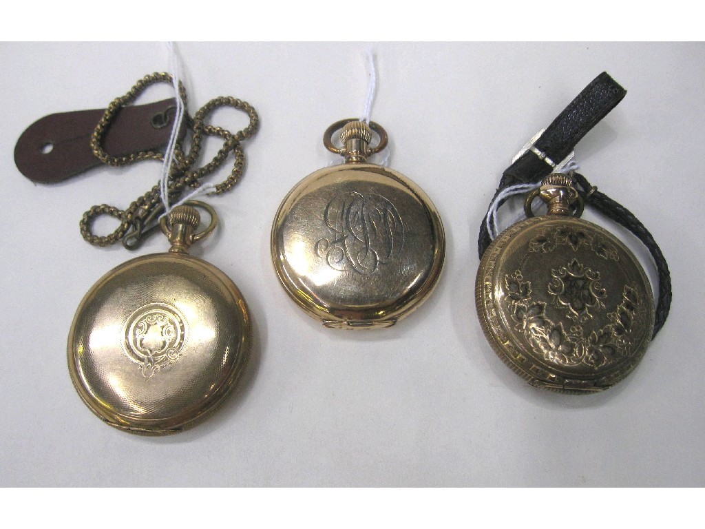 Appraisal: Lot comprising three rolled gold pocket watches a leather watch