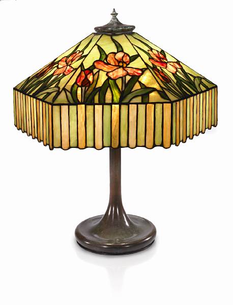 Appraisal: An American leaded glass and patinated-metal iris lamp early th