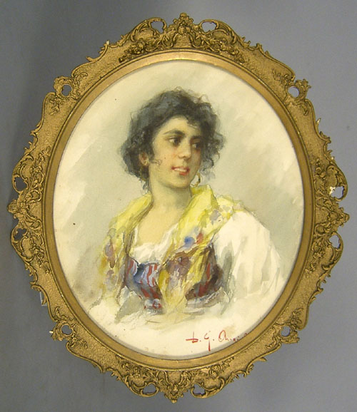 Appraisal: Italian watercolor portrait x together with a print by Boulanger