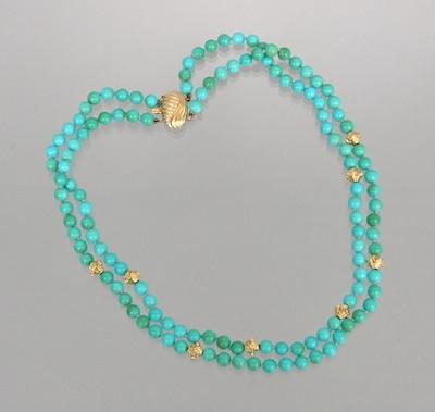 Appraisal: A Lovely Double Strand Turquoise and Gold Necklace A hand-knotted