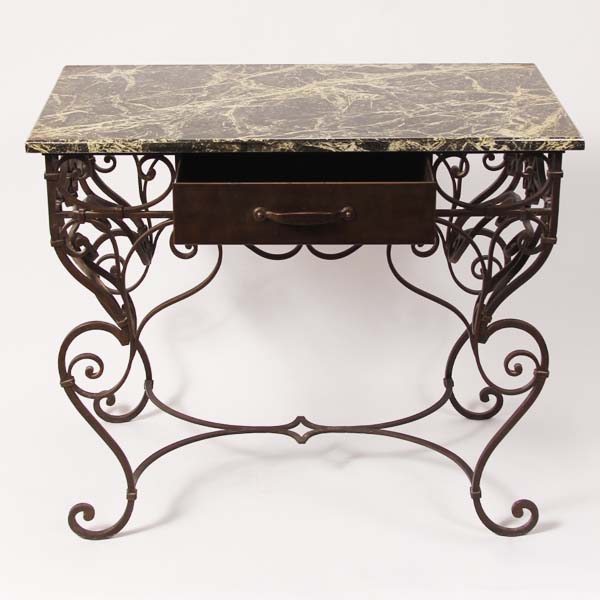 Appraisal: Wrought iron single drawer hall table or desk with painted