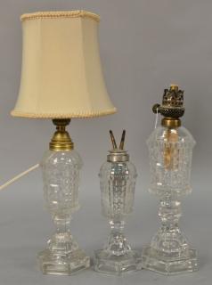 Appraisal: Three Waffle pattern flint glass oil lamps electrified ht in