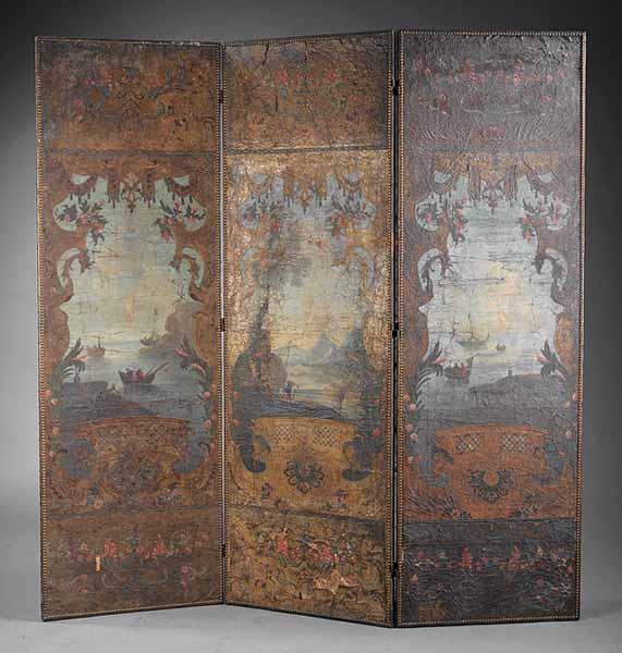 Appraisal: An Elegant Italian Rococo Embossed Polychromed Leather Trompe l Oeil