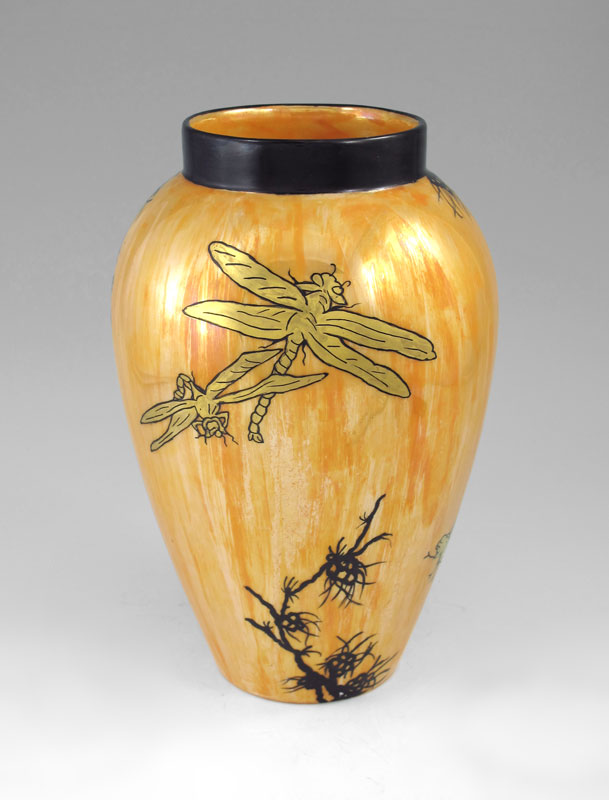 Appraisal: BERNARDAUD LIMOGES SILHOUETTE DRAGONFLY VASE Orange opalescent luster glaze with