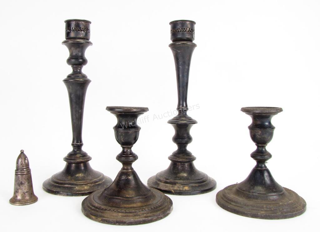 Appraisal: Group of Weighted Sterling Candlesticks and Shaker five pieces total