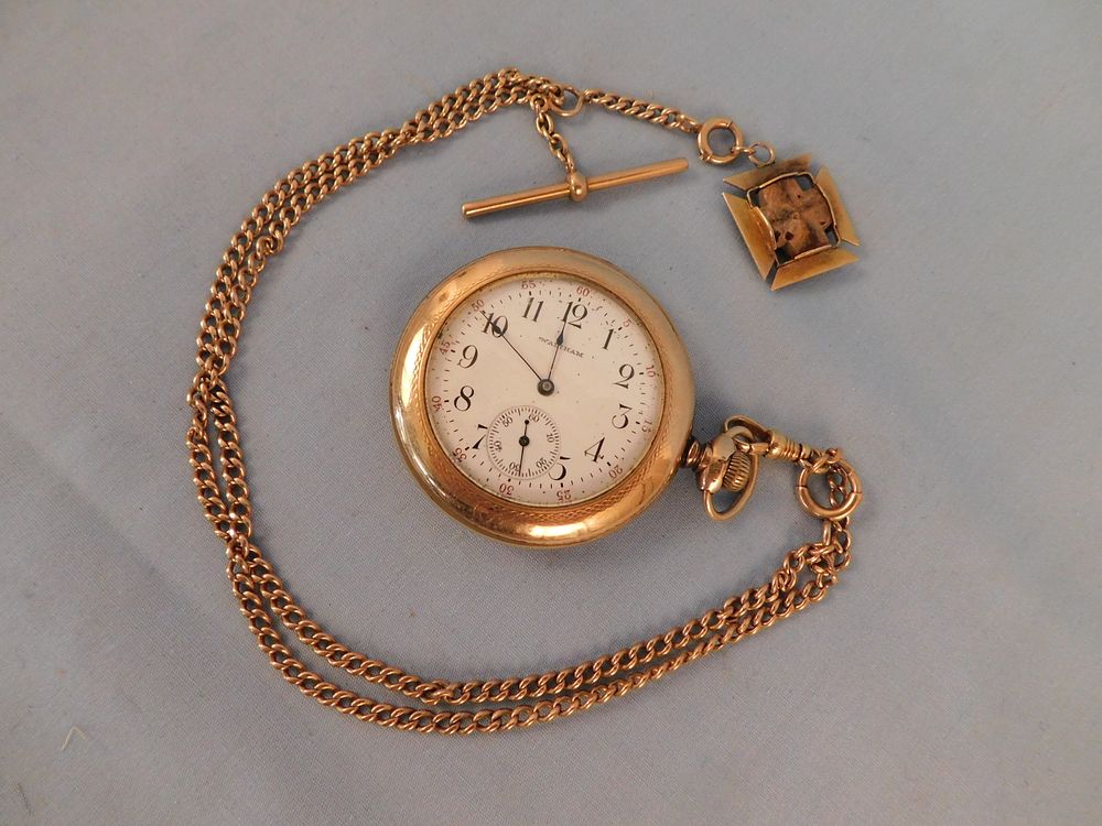 Appraisal: GOLD WALTHAM POCKET WATCH K SOLID GOLD CHAIN Antique Waltham