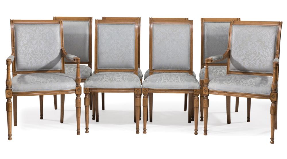 Appraisal: Eight Directoire-Style Fruitwood Dining Chairs incl arm and sides scroll