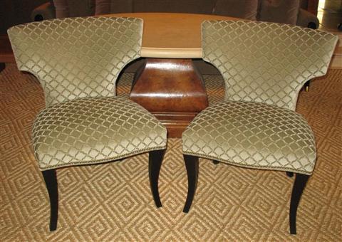 Appraisal: PAIR NINES JOHN BOONE CELADON MOHAIR KLISMOS SIDE CHAIRS WITH