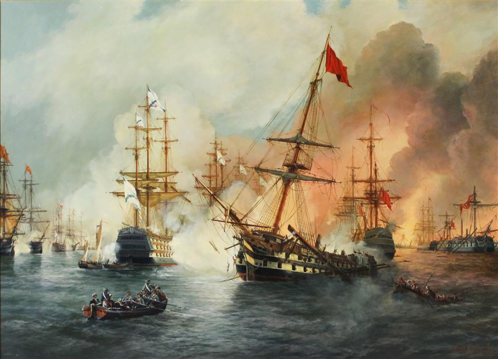 Appraisal: A A WELINSKI TH CENTURY OIL PAINTING NAVAL BATTLE Oil