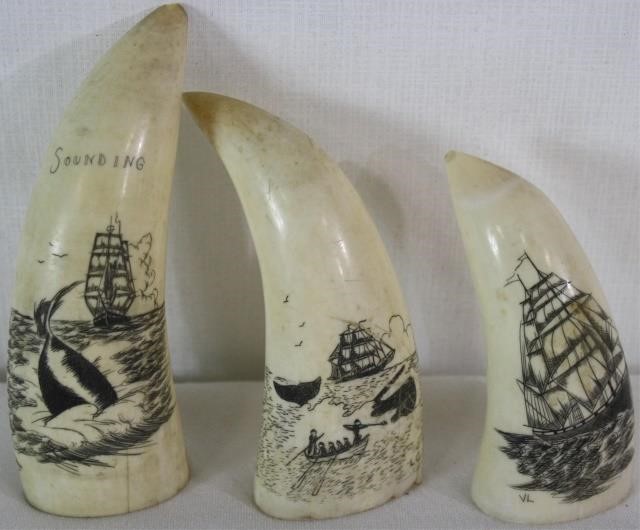 Appraisal: LOT OF THREE SCRIMSHAWED WHALE S TEETH TH C DEPICT