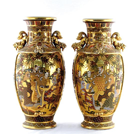 Appraisal: Monumental pair Japanese satsuma vases circa - baluster-form urns decorated