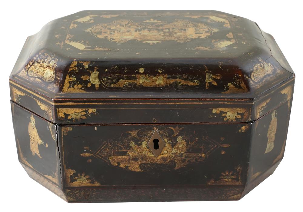 Appraisal: CHINESE EXPORT LACQUER TEA CADDYthe hinged lid opening to an