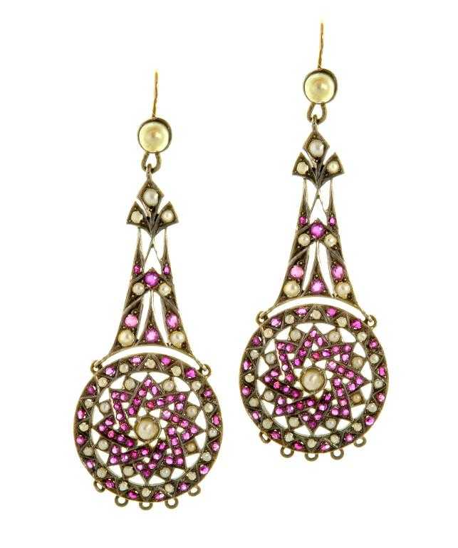 Appraisal: A PAIR OF INDIAN RUBY AND SEED PEARL EARRINGS of