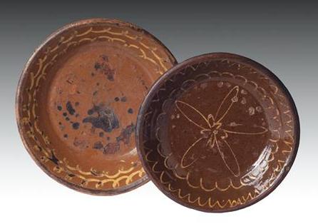 Appraisal: SLIP-DECORATED GLAZED REDWARE PIE DISH AND A DISH NINETEENTH CENTURY