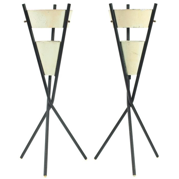 Appraisal: Mathieu Mategot torch-style table lamps pair France s three-leg bases