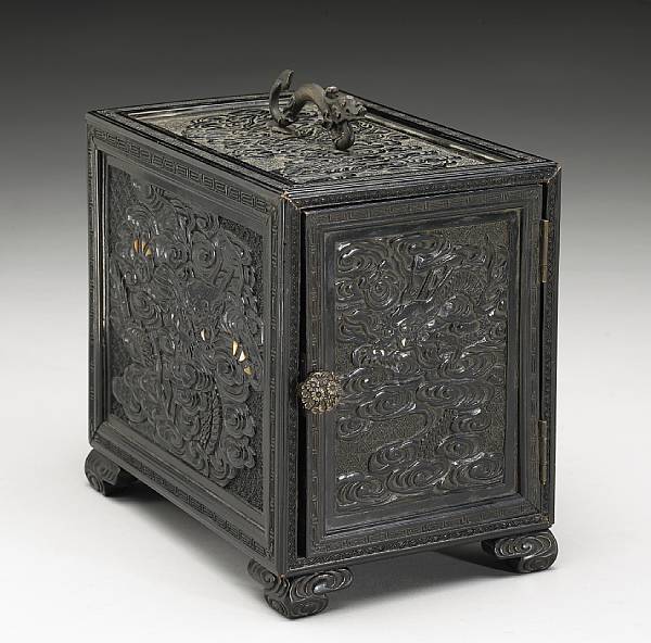 Appraisal: A carved and black lacquered wood kobako Meiji Period Supported