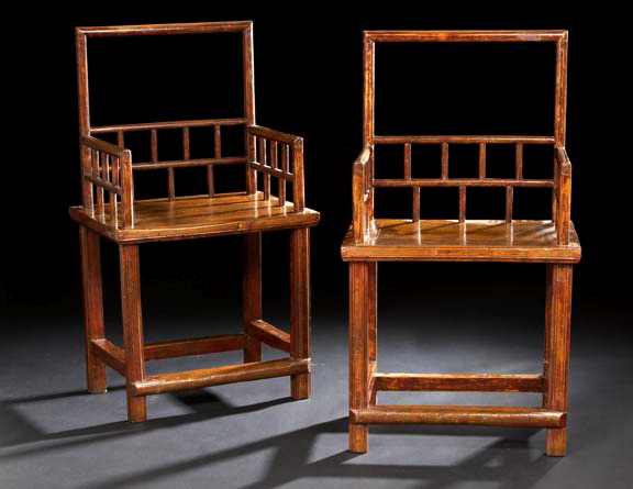 Appraisal: Pair of Chinese Open Back Wooden Armchairs th century the