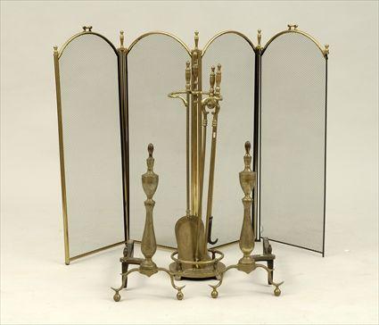 Appraisal: Pair of Federal Brass Andirons Set of Three Fireplace Tools