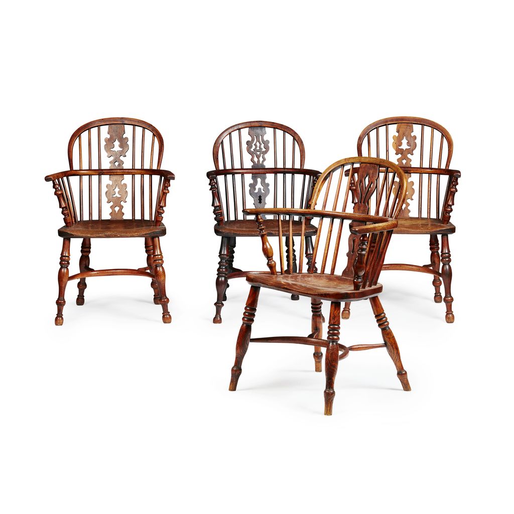 Appraisal: FOUR ELM AND YEW WOOD WINDSOR ARMCHAIRS TH CENTURY the