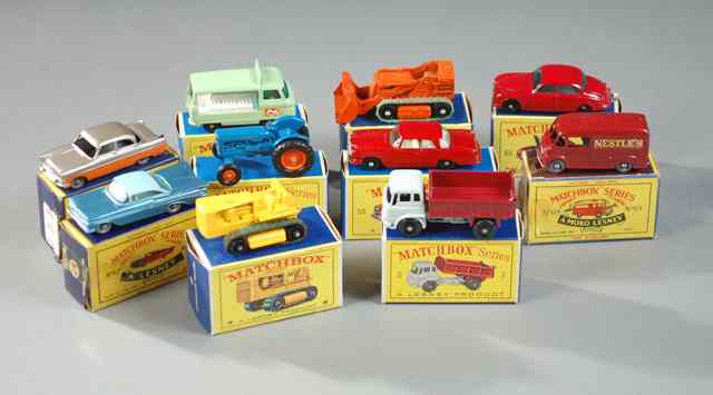 Appraisal: TEN MATCHBOX TOY VEHICLES including numbers Bedford Tipper Truck Caterpillar